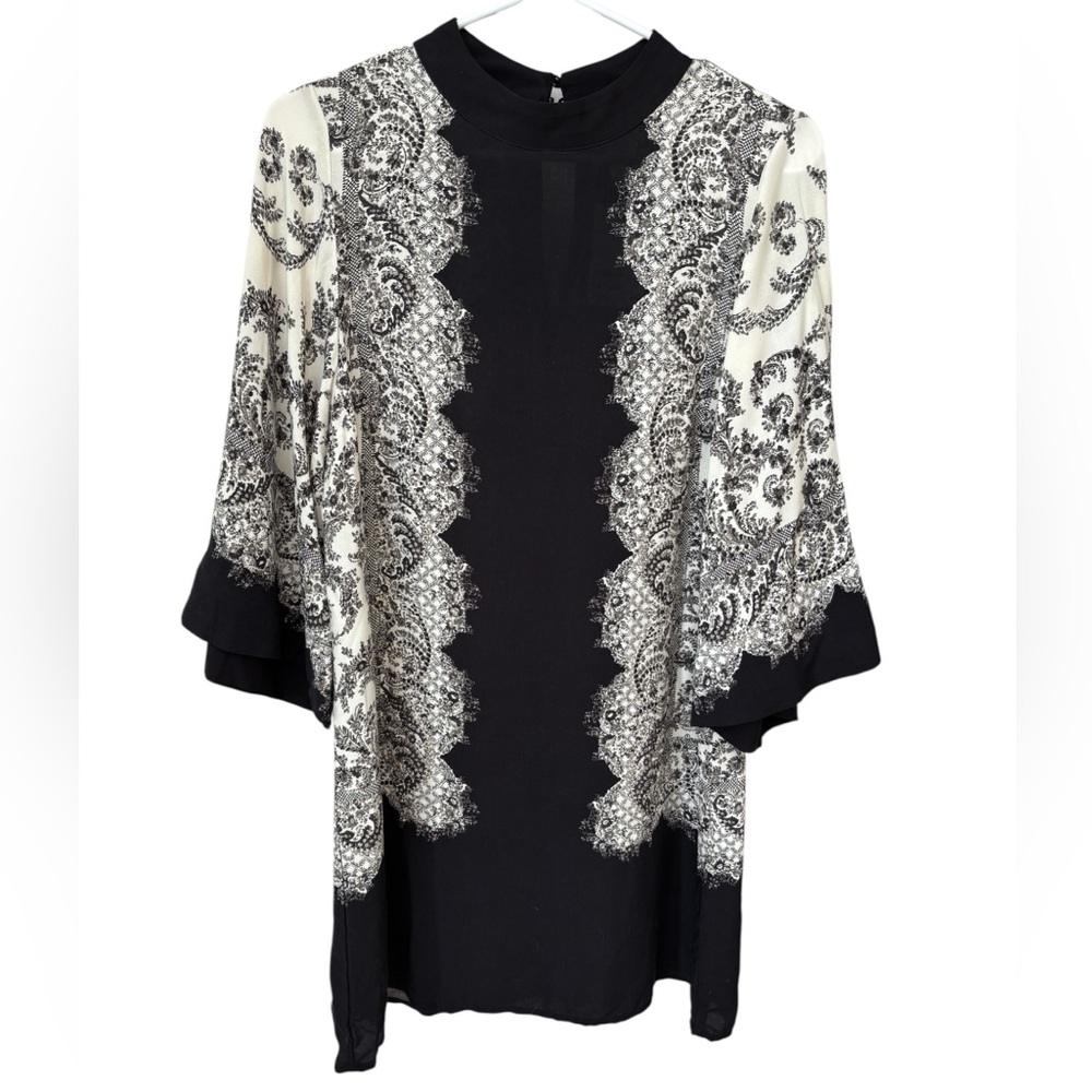 H&M Boho Black Tunic Shift Dress Women’s Size 4 Floral New With Tag